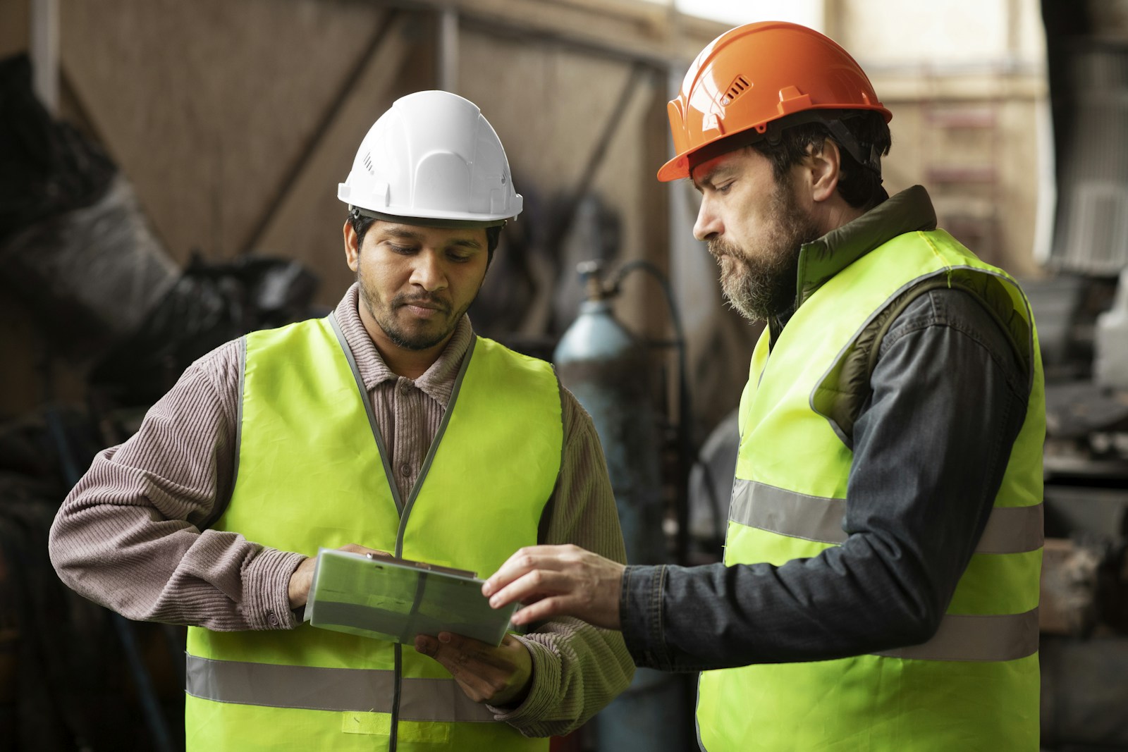 Two supervisors in hi-vis vests talking on an Oshawa plant floor