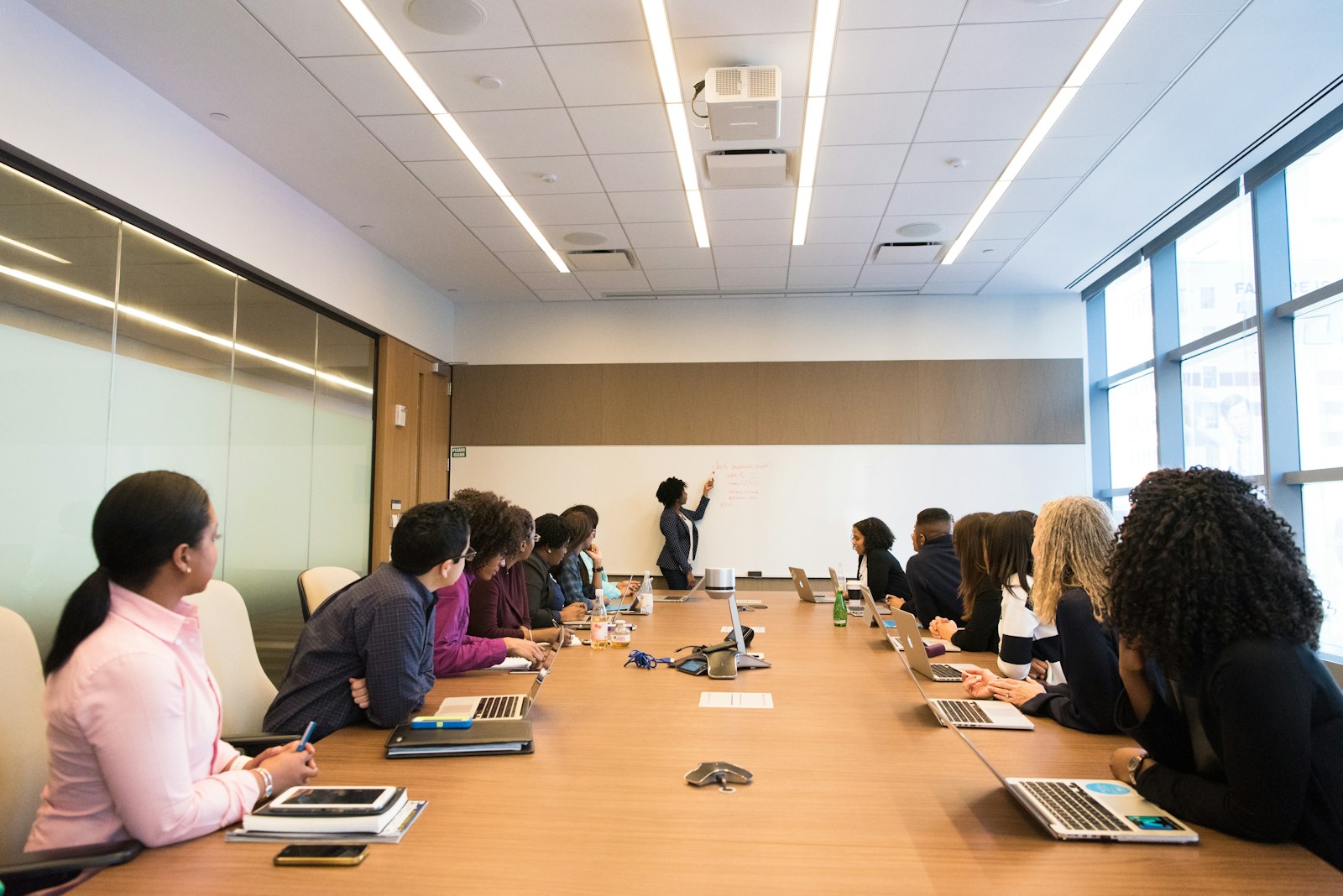 Facilitator leading an executive leadership training session with a senior team in a boardroom in Ajax